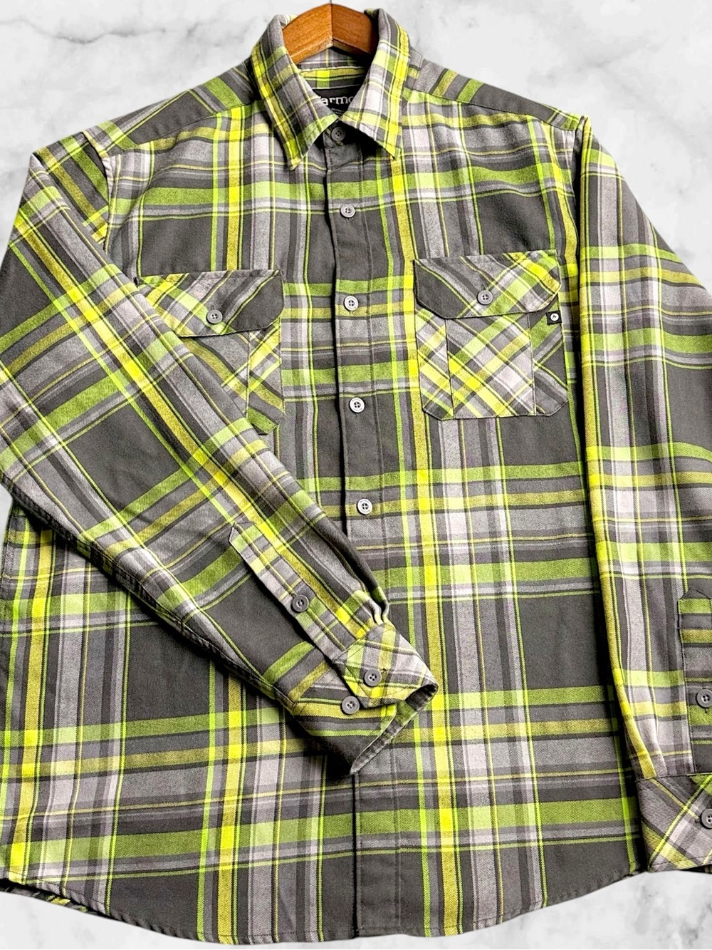 Marmot Flannel Shirt Mens M Gray Green Plaid Wool Blend Outdoor Hiking Button